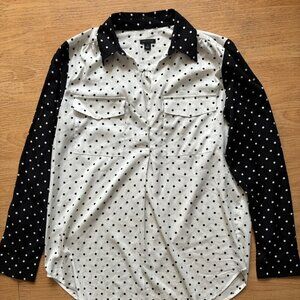 Ann Taylor Long Sleeve White Shirt with Black Polka Dots